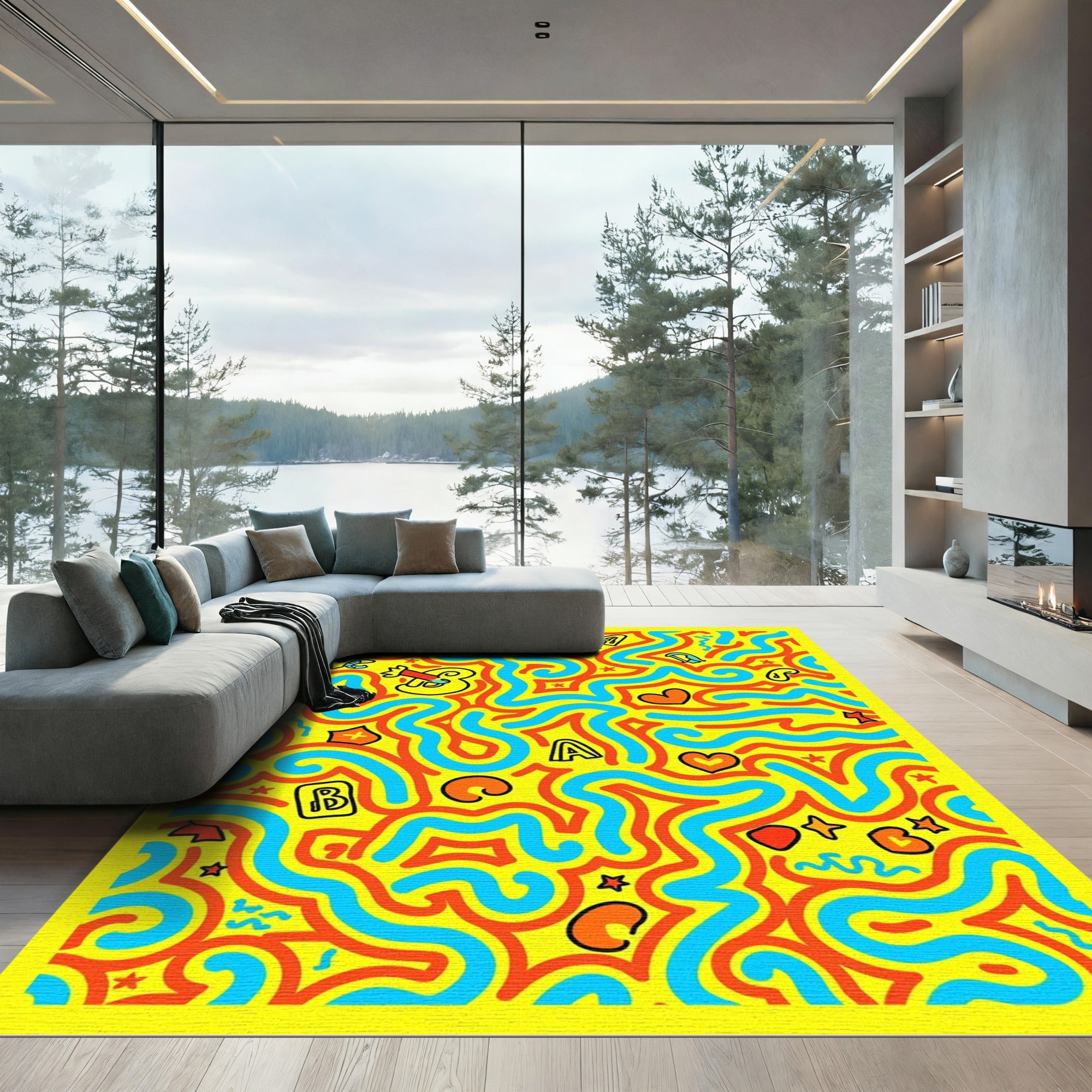 Retro Yellow Letter Abstract Swirl Rug