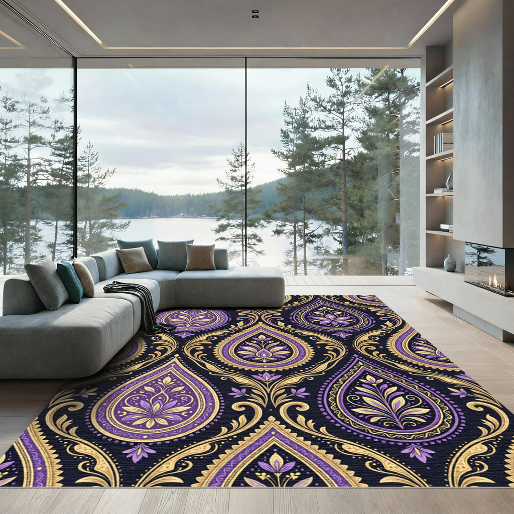 Regal Purple Gold Paisley Floral Rug