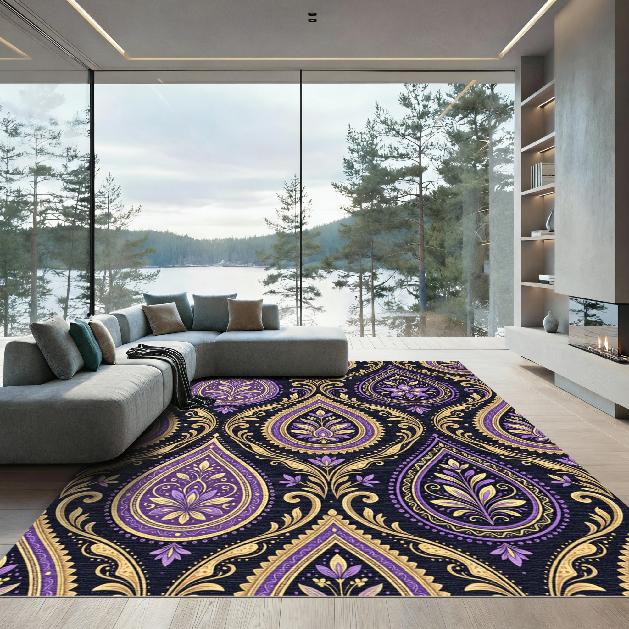 Regal Purple Gold Paisley Floral Rug