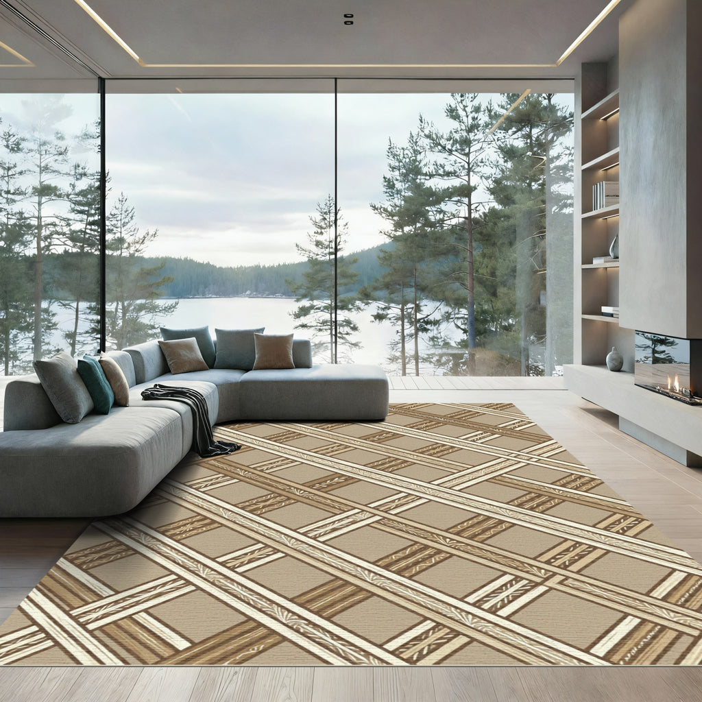 Beige Lattice Grid Textured Plaid Rug