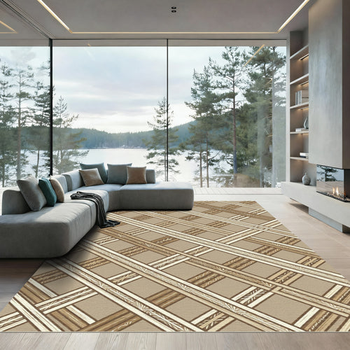 Beige Lattice Grid Textured Plaid Rug