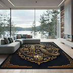 Ornate Golden Royal Monogram Crest Rug