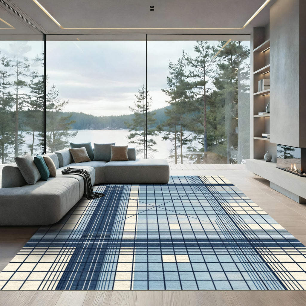 Modern Grid Navy Blue Plaid Rug