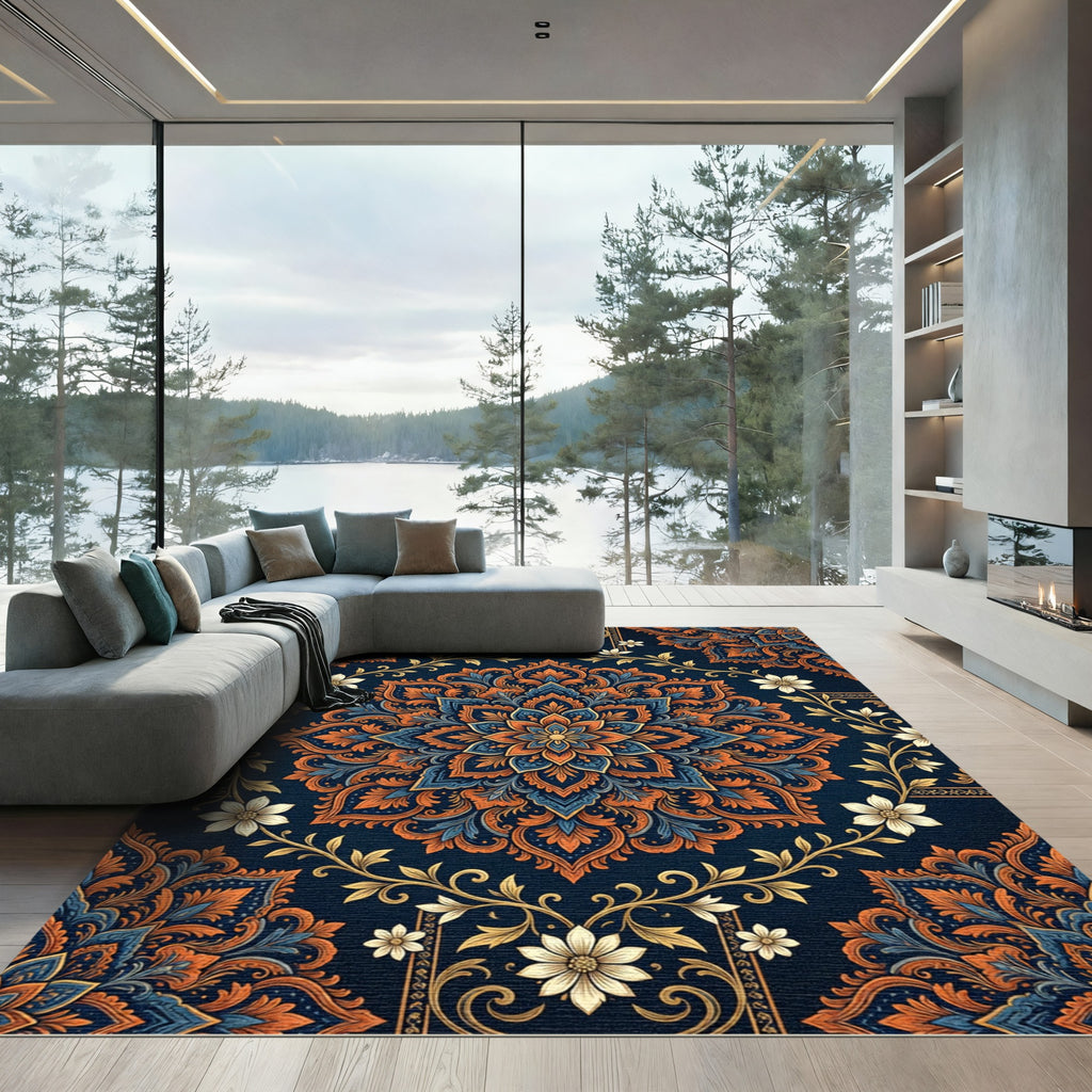 Deep Blue Orange Floral Mandala Rug