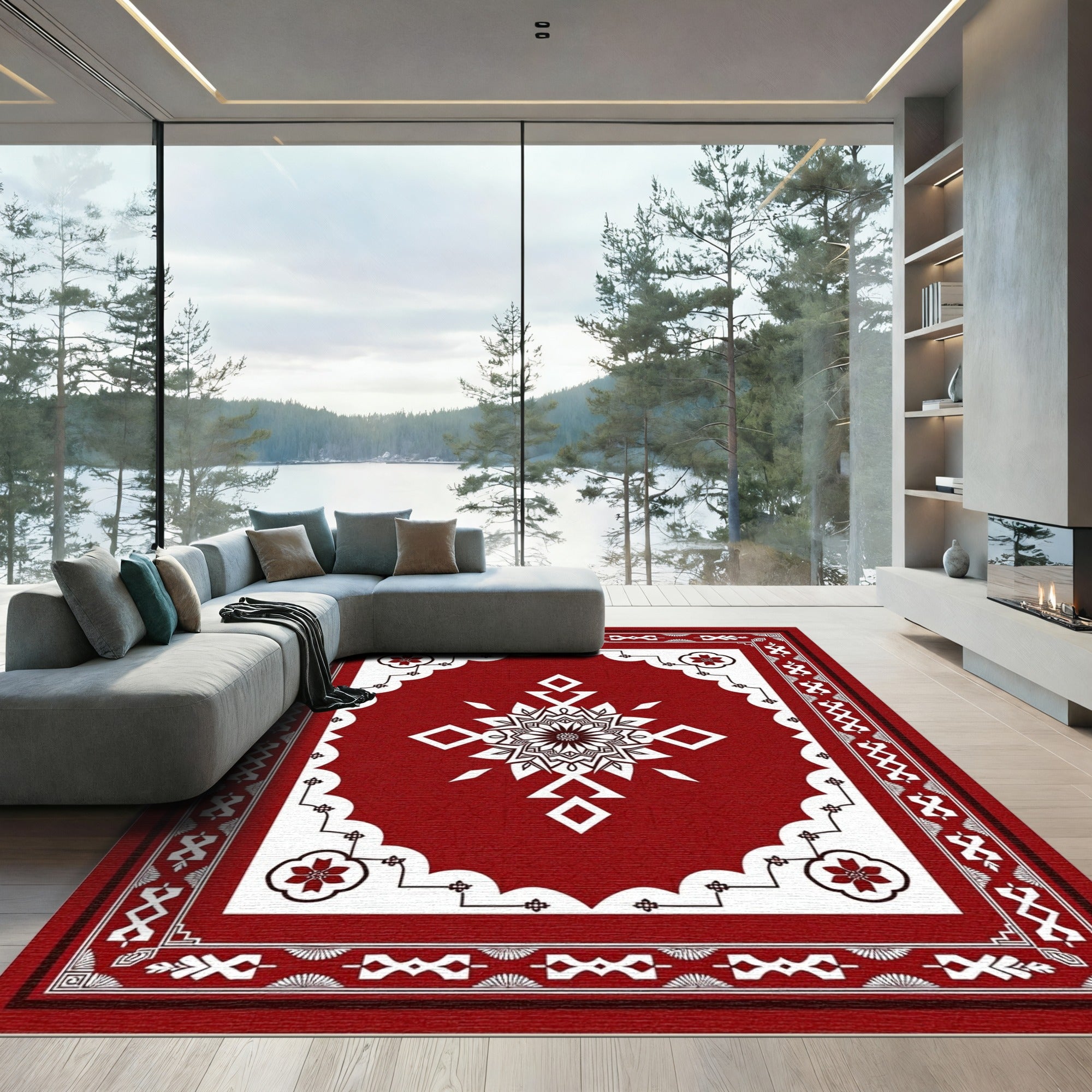 Crimson Red Floral Medallion Border Rug