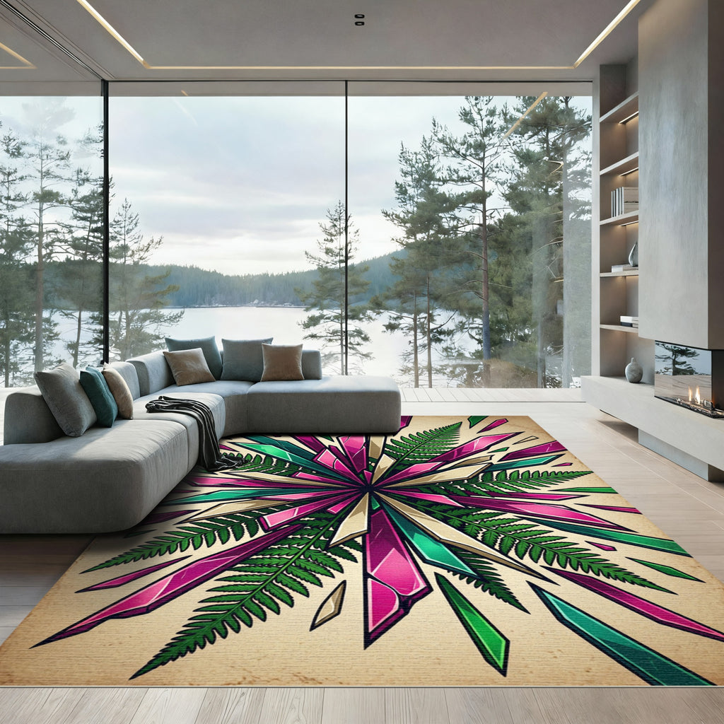 Vibrant Magenta Teal Crystal Fern Burst Rug