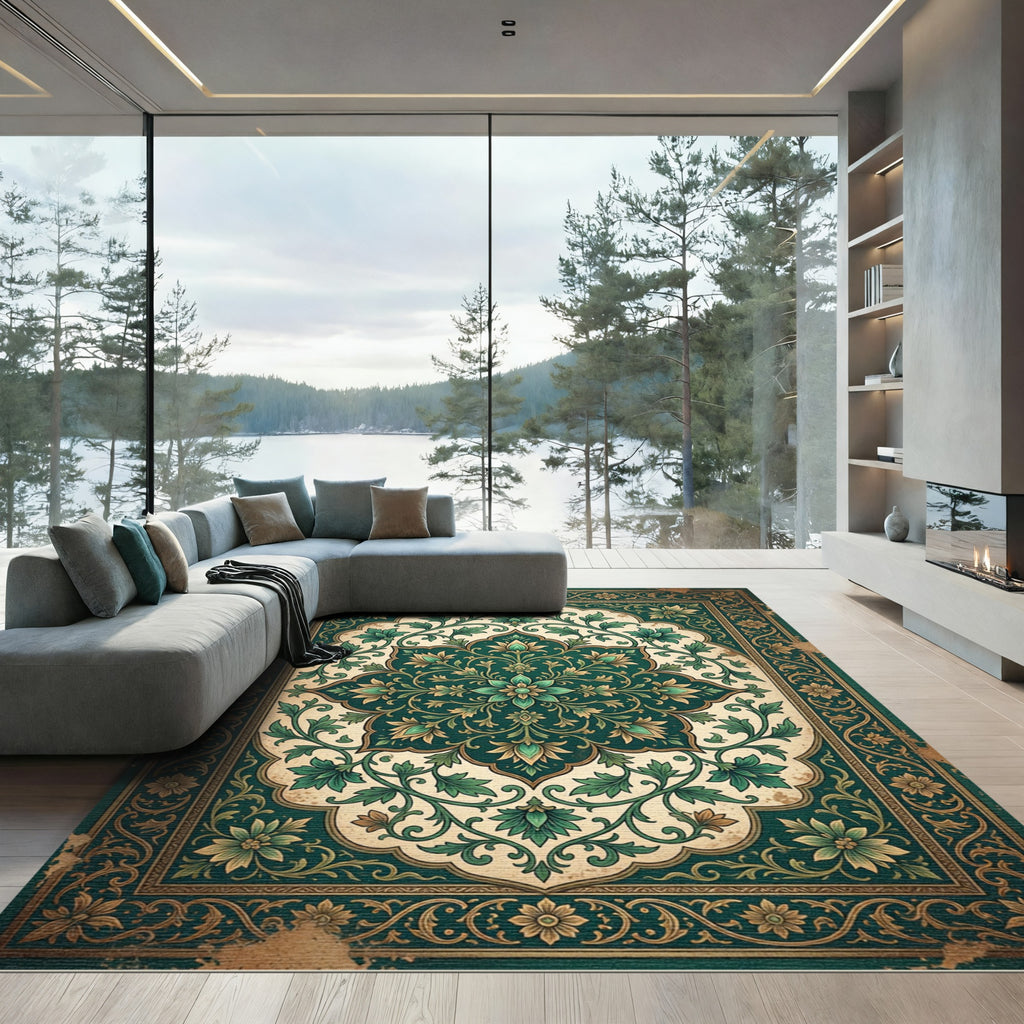 Deep Emerald Floral Arabesque Rug