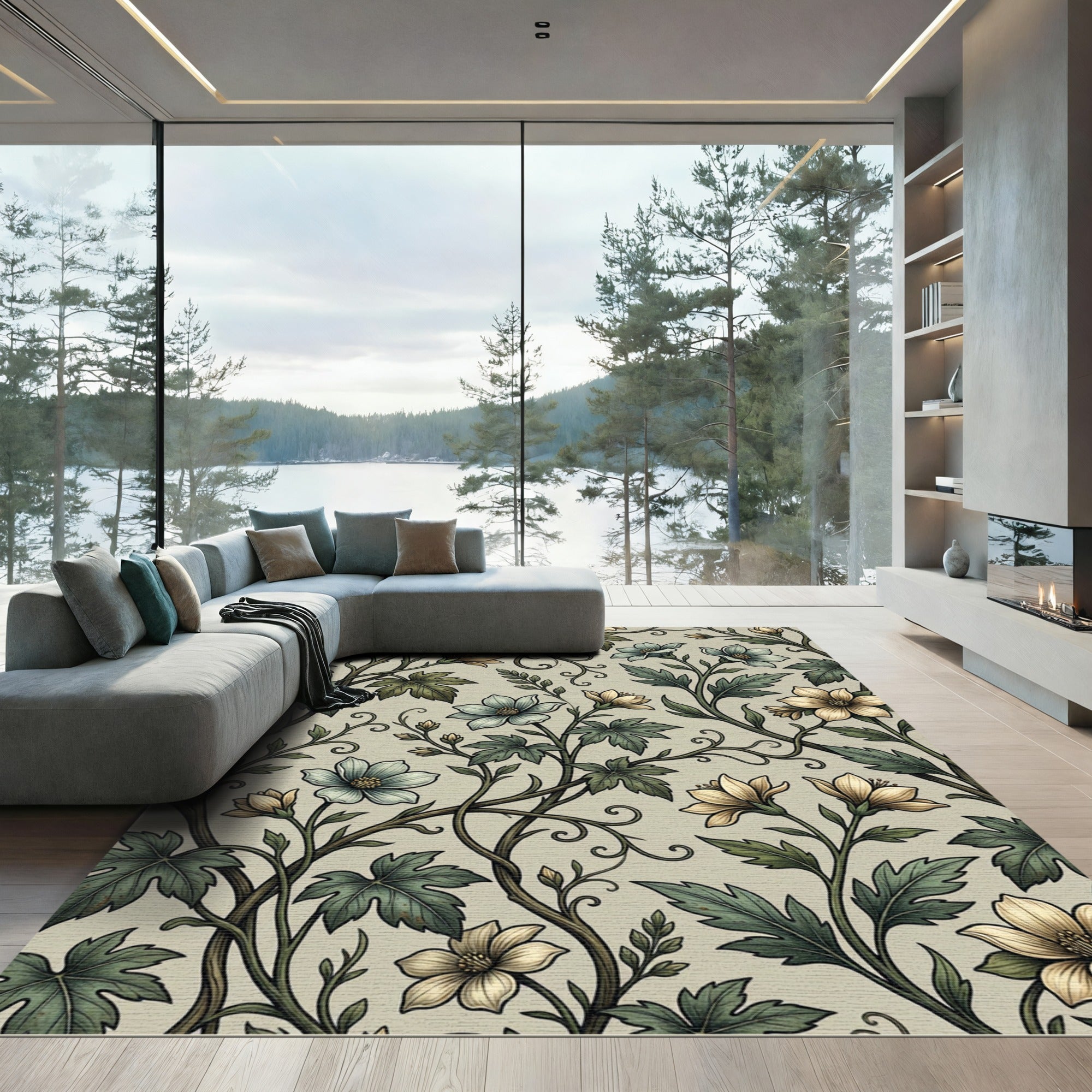 Elegance Sage Cream Botanical Floral Rug