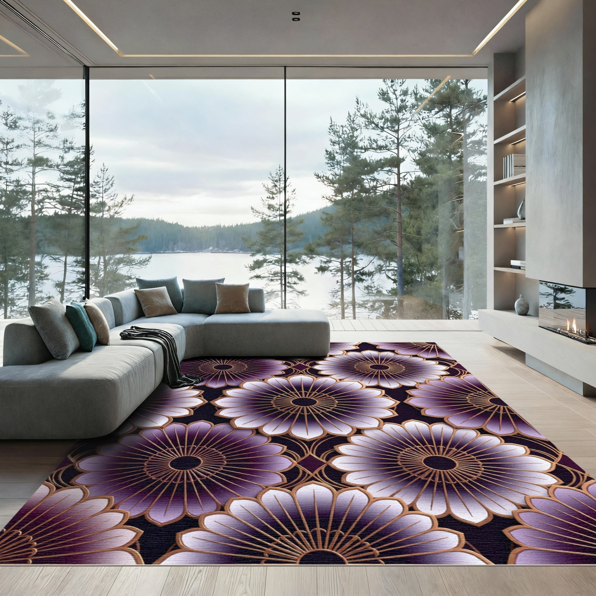 Elegant Violet Gold Geometric Lotus Rug