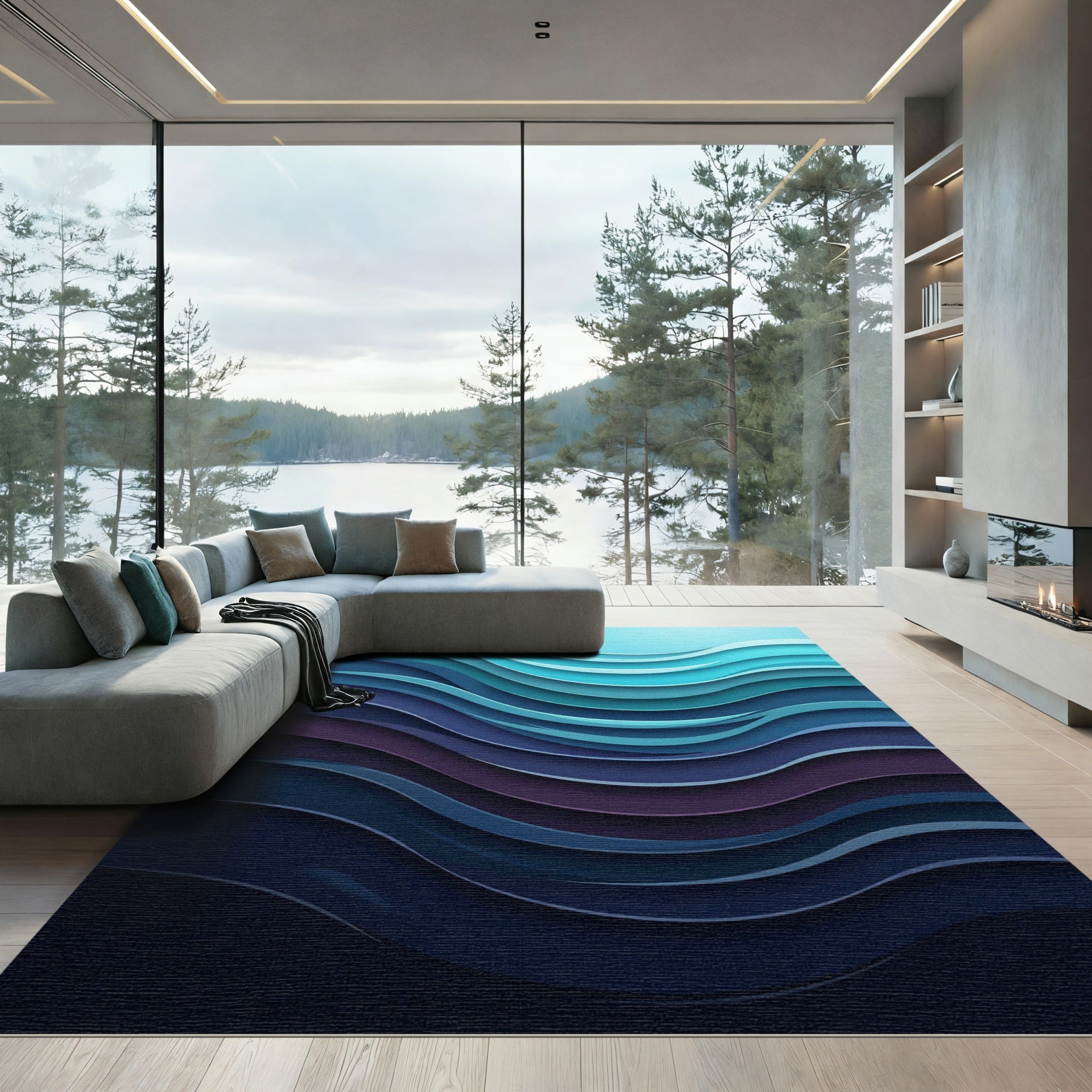 Oceanic Deep Blue Wavy Layers Rug