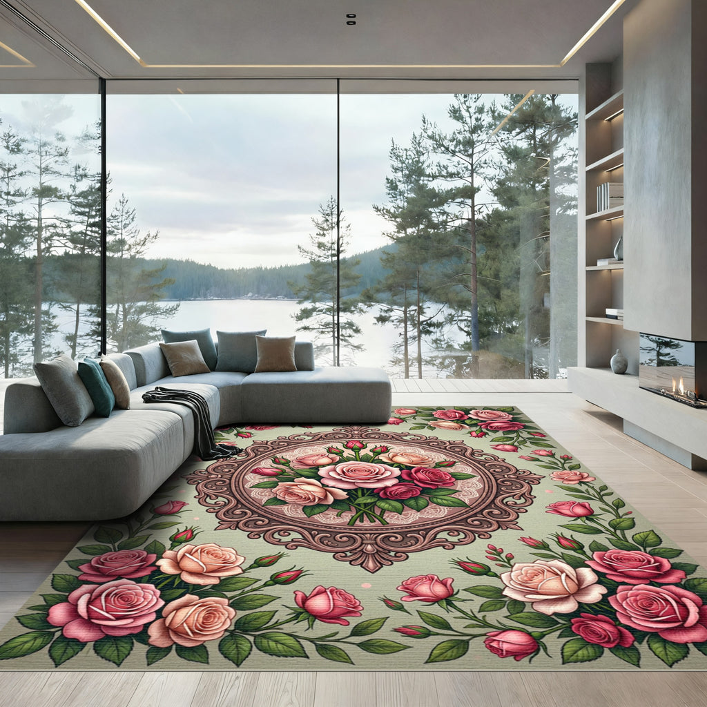 Ornate Pink Rose Garland Medallion Rug