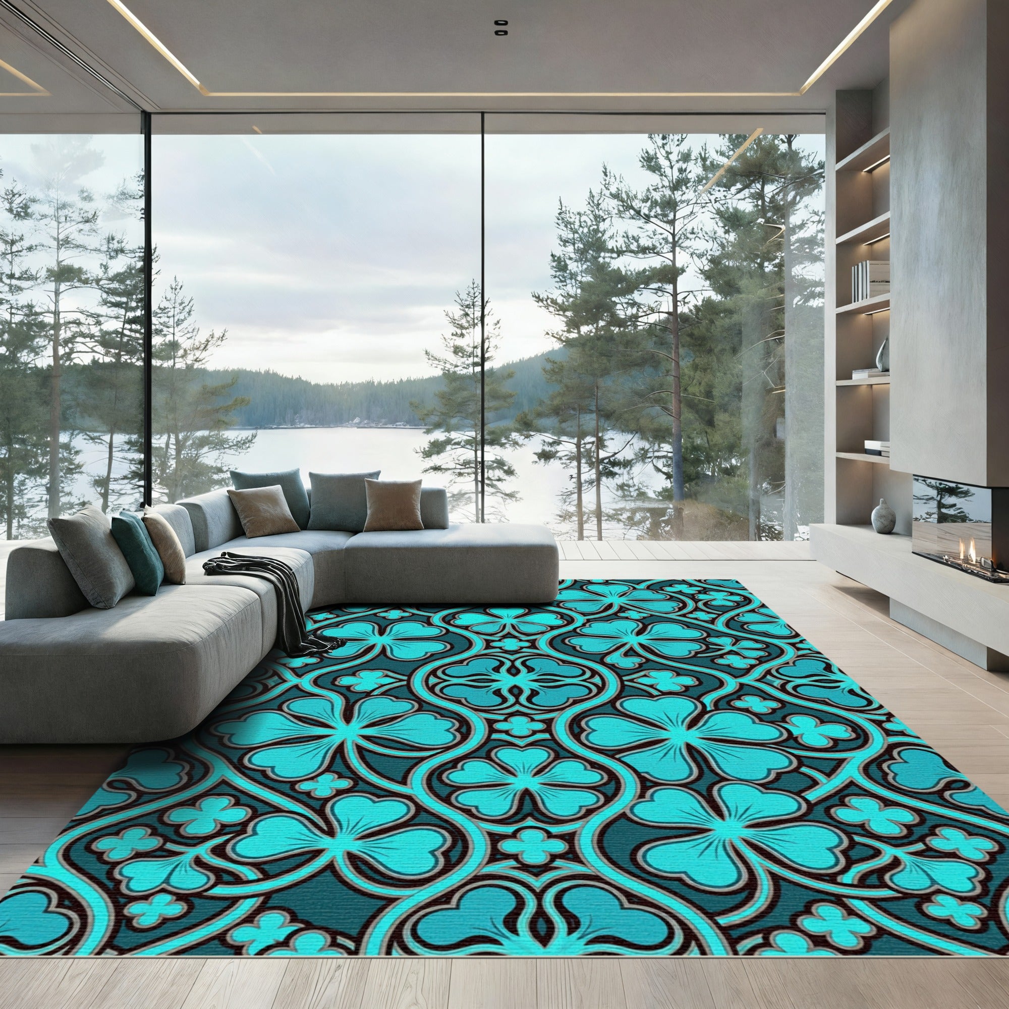 Teal Four Leaf Clover Botanical Tile Rug