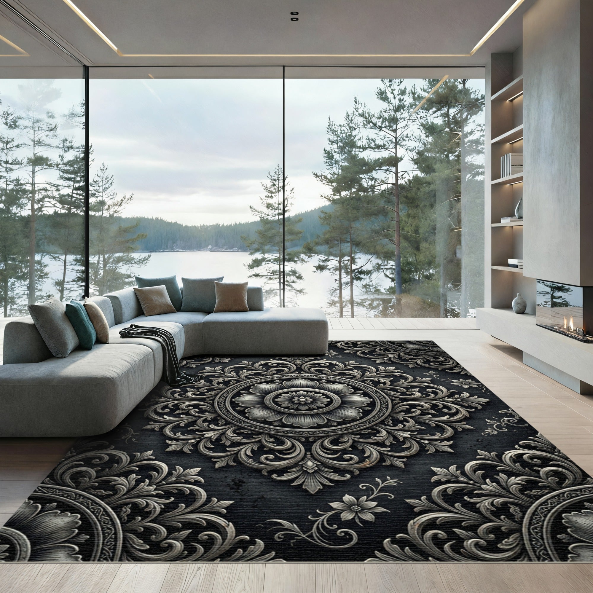 Elegant Silver Floral Damask Medallion Rug