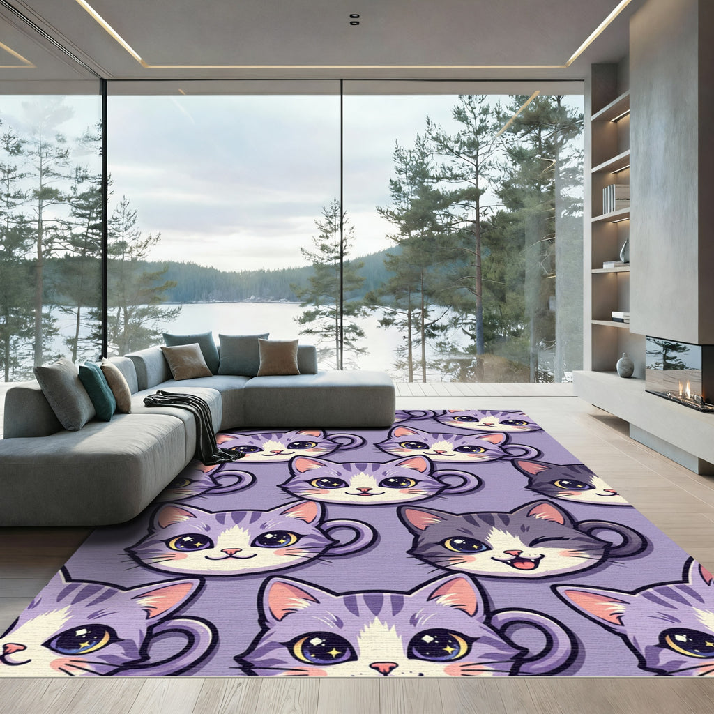 Cute Purple Cat Cup Faces Rug