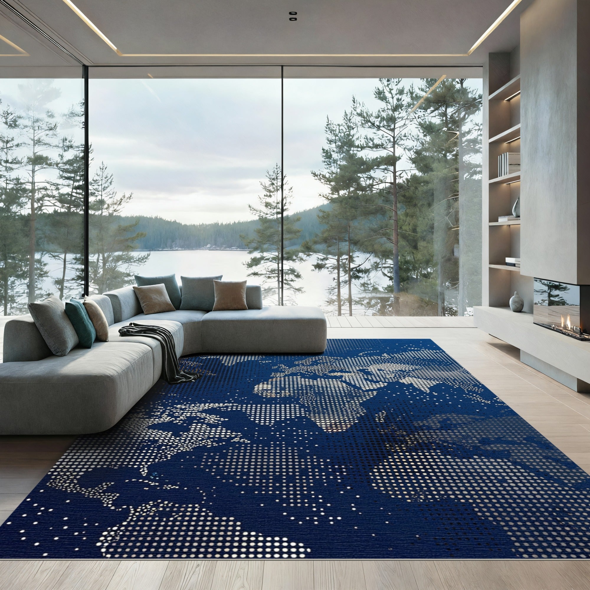 Dotted World Map Navy Blue Tapestry Rug