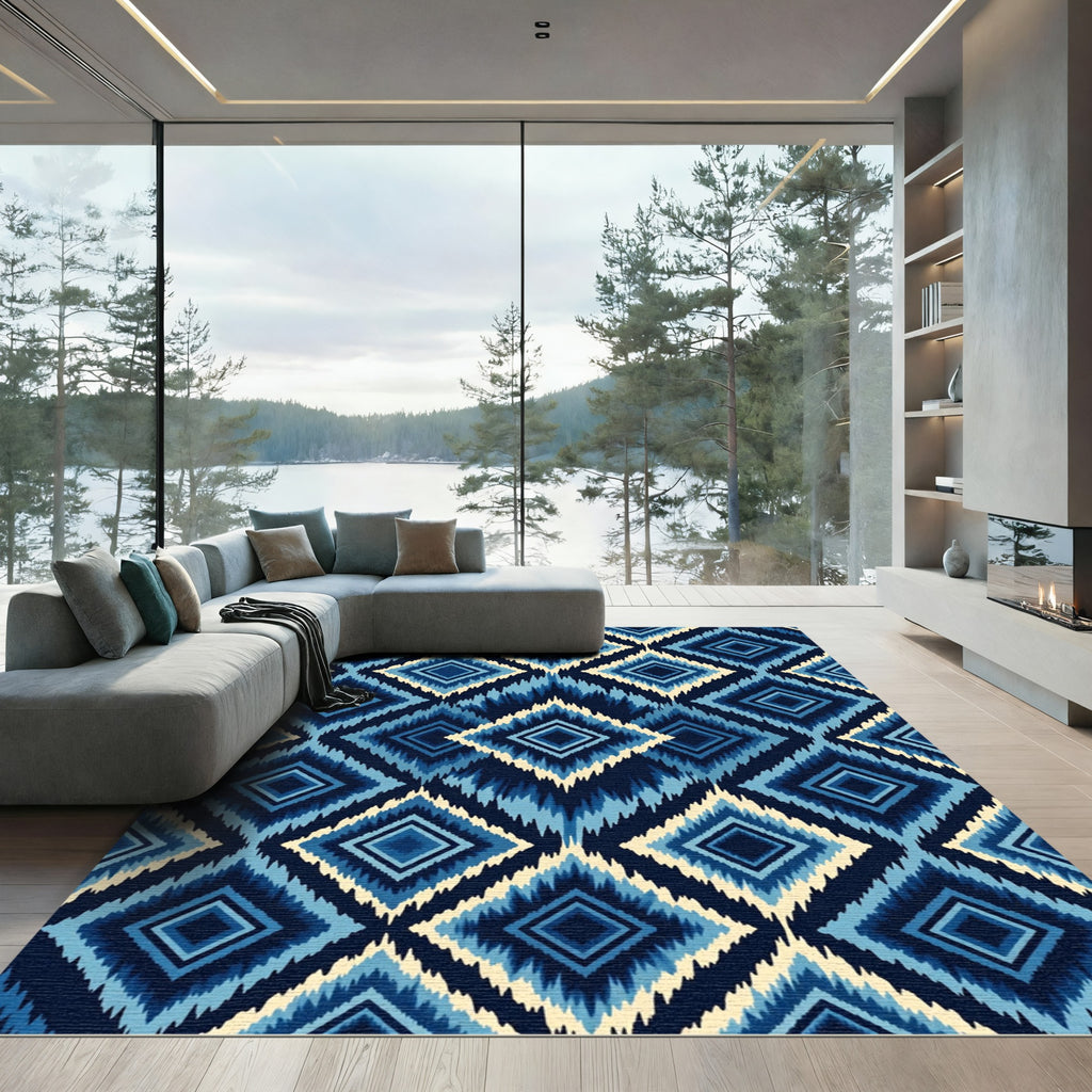 Indigo Blue Geometric Diamond Ikat Rug