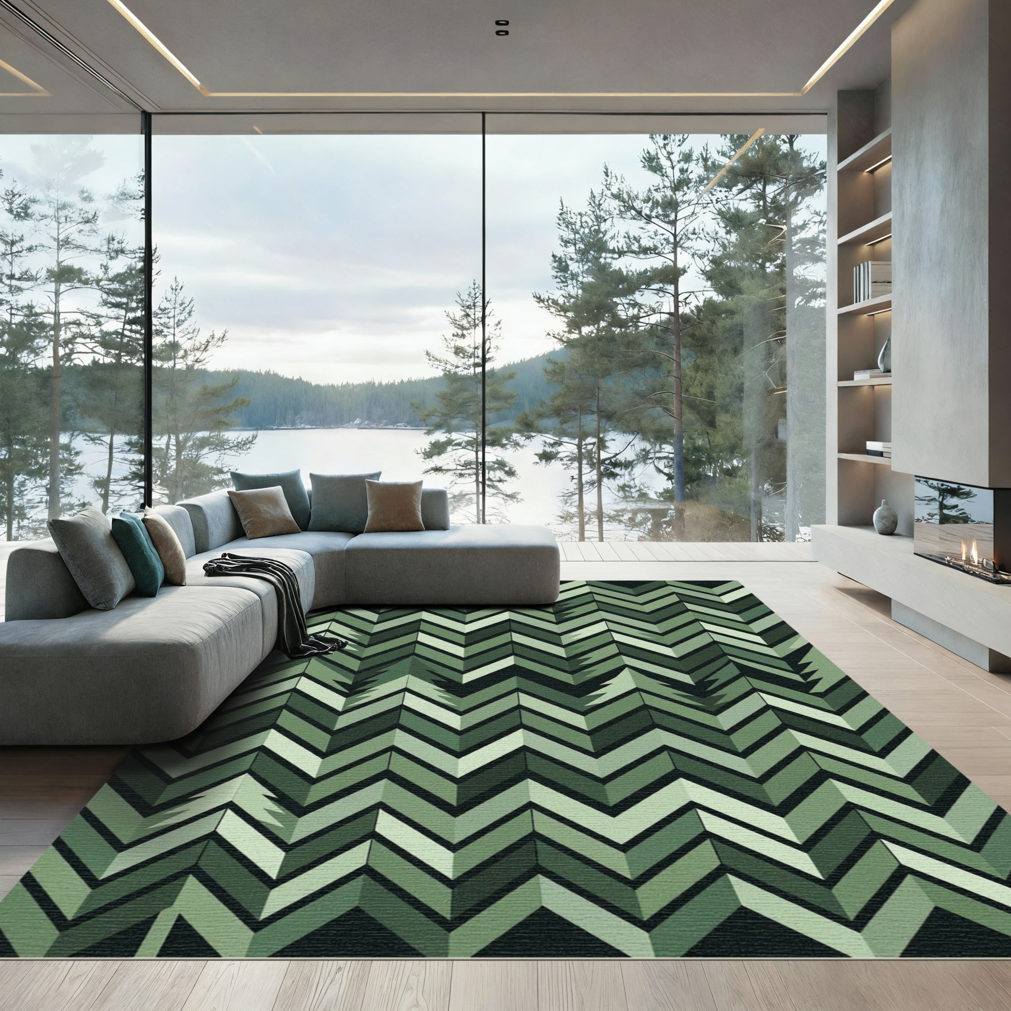 Forest Green Chevron Trees Rug