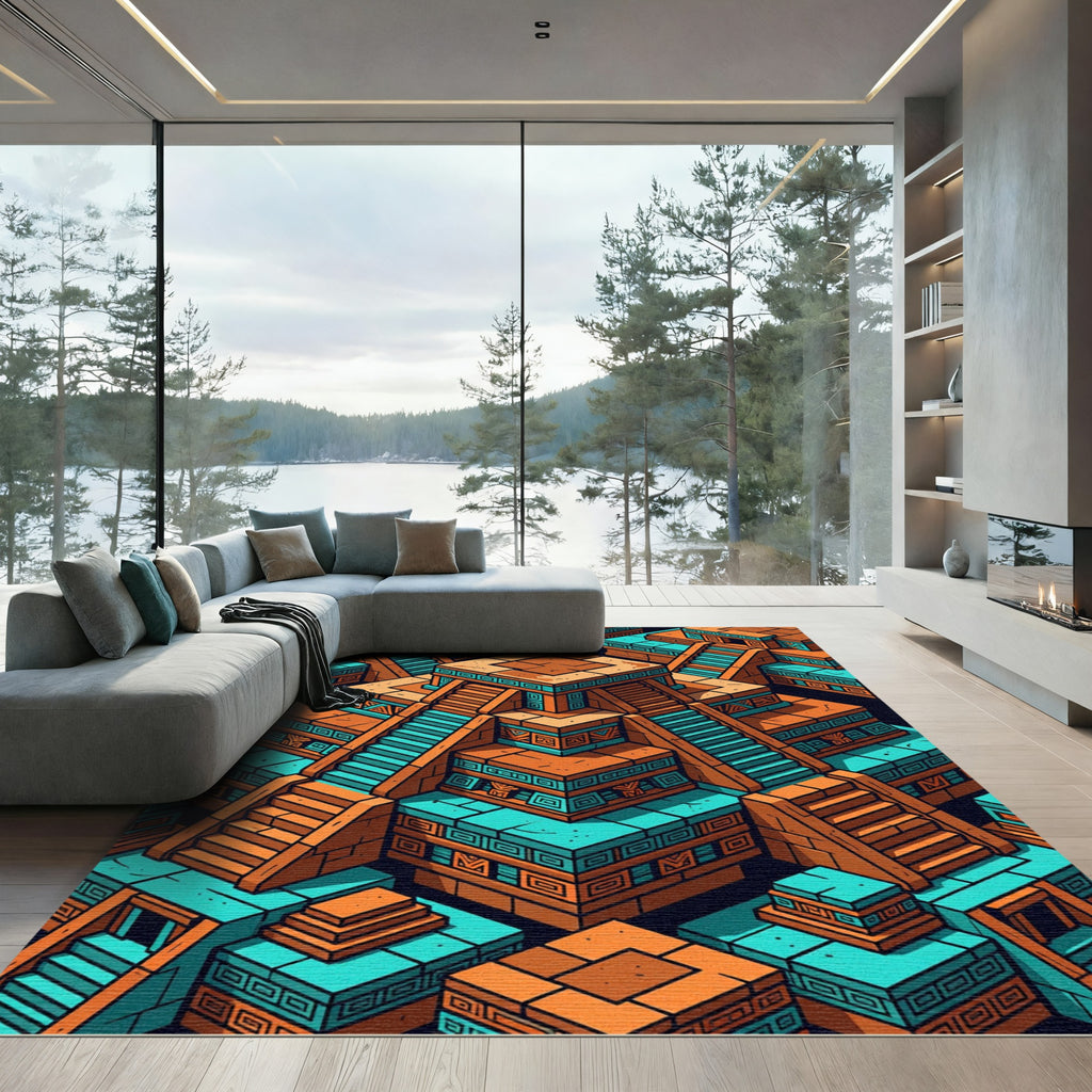Geometric Mayan Step Temple Teal Orange Rug