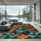 Geometric Mayan Step Temple Teal Orange Rug