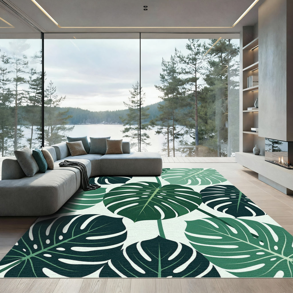 Deep Green Tropical Monstera Leaves Rug