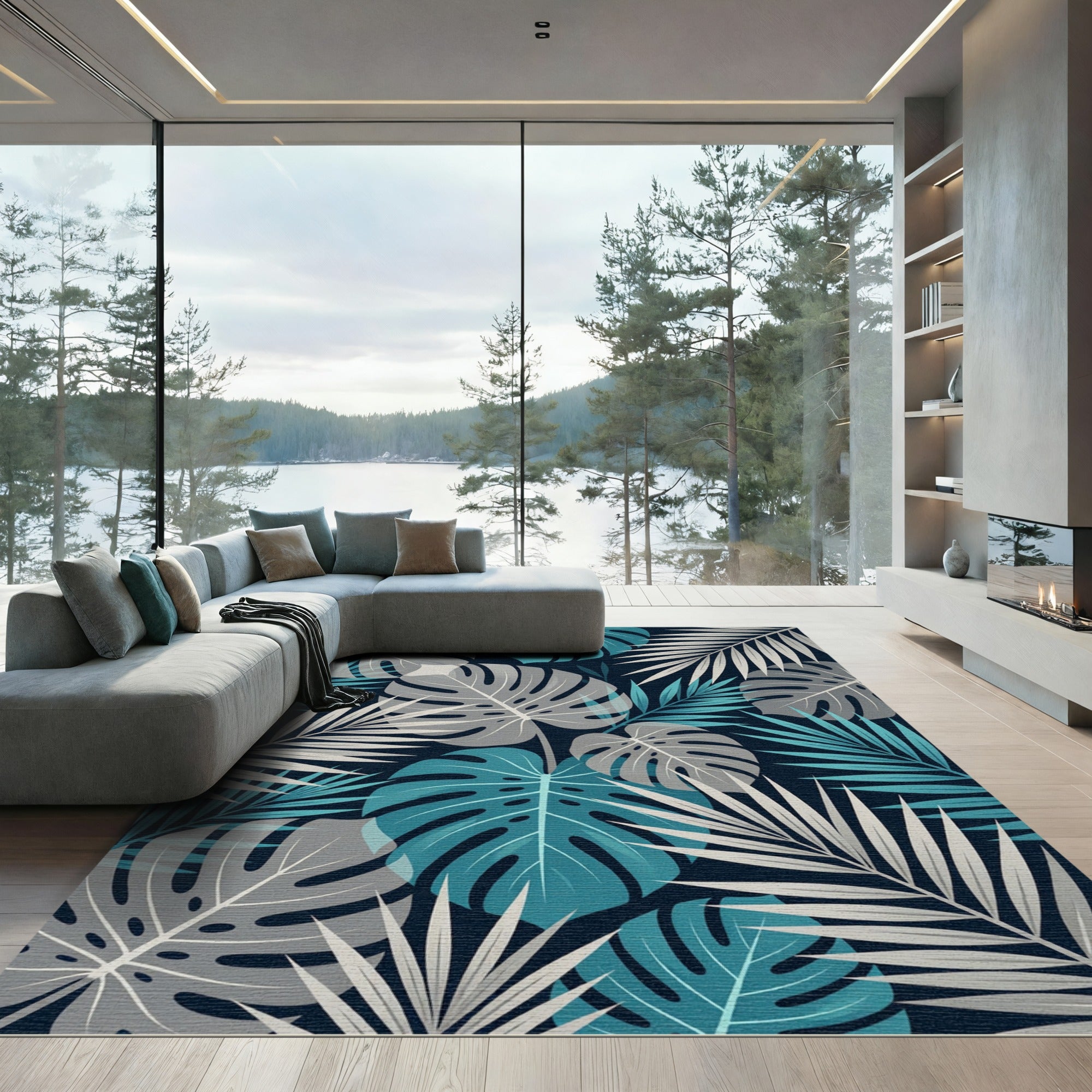 Tropical Teal and Gray Monstera Leaf Rug