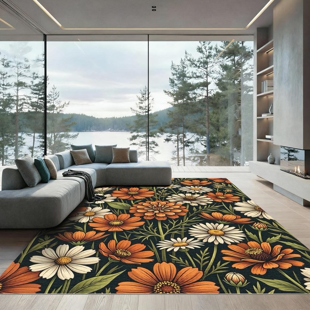 Orange and White Daisy Floral Garden Rug