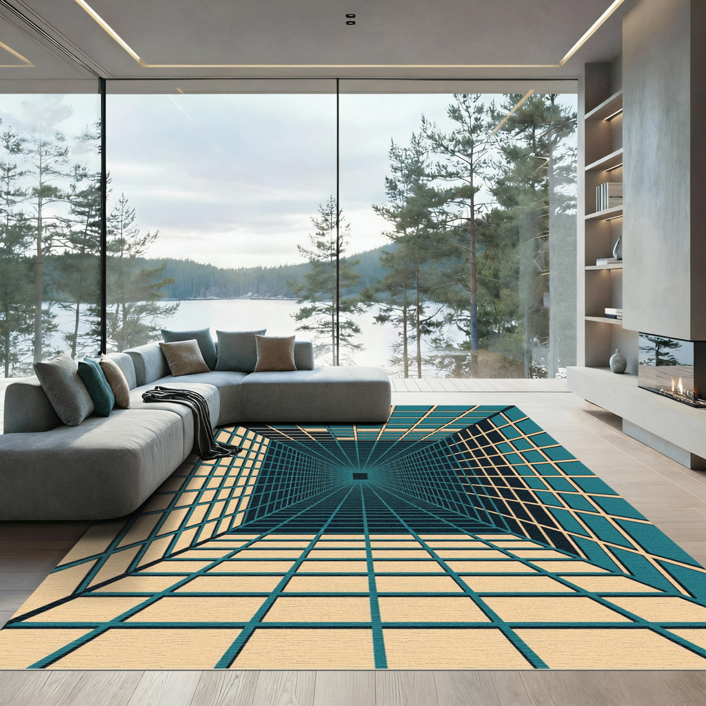 Geometric Teal and Cream Infinity Tunnel Rug