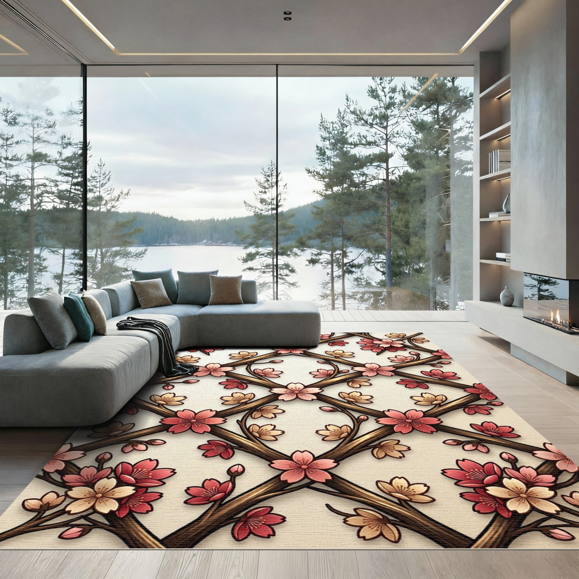Pink Cherry Blossom Lattice Art Rug