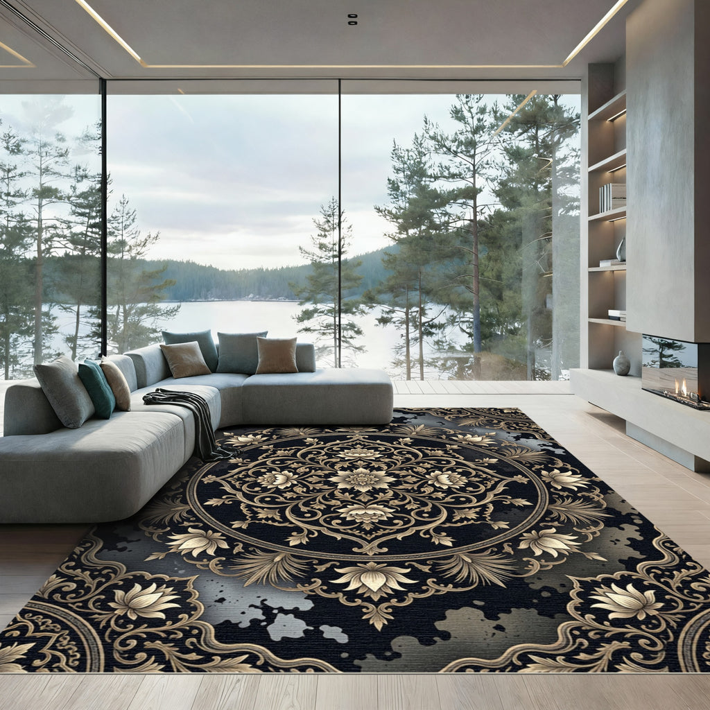 Ornate Golden Floral Medallion Black Rug