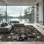 Ornate Golden Floral Medallion Black Rug