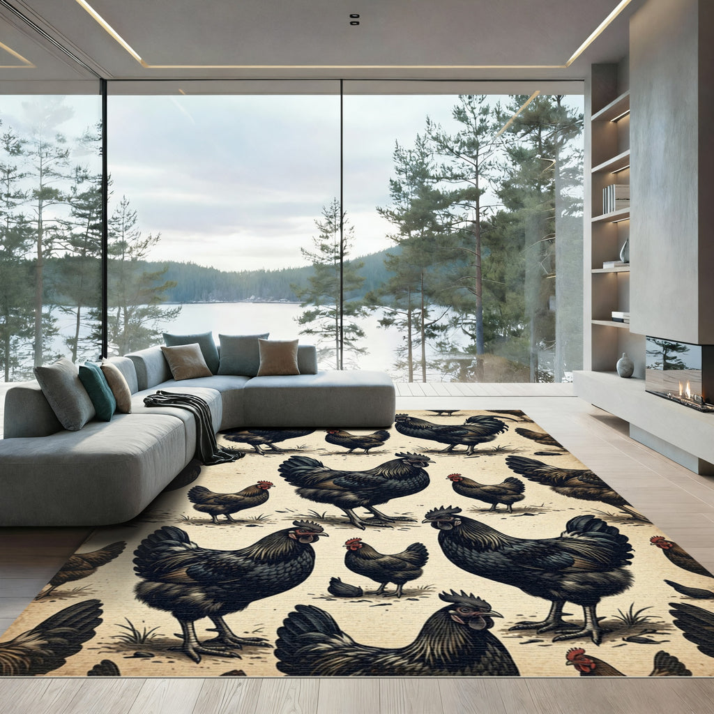 Vintage Black Chicken Farm Illustration Rug