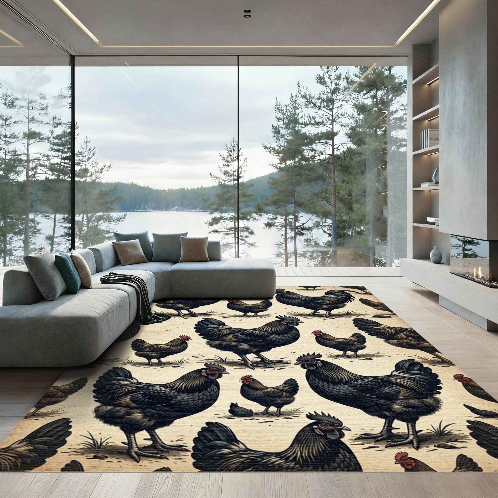 Vintage Black Chicken Farm Illustration Rug