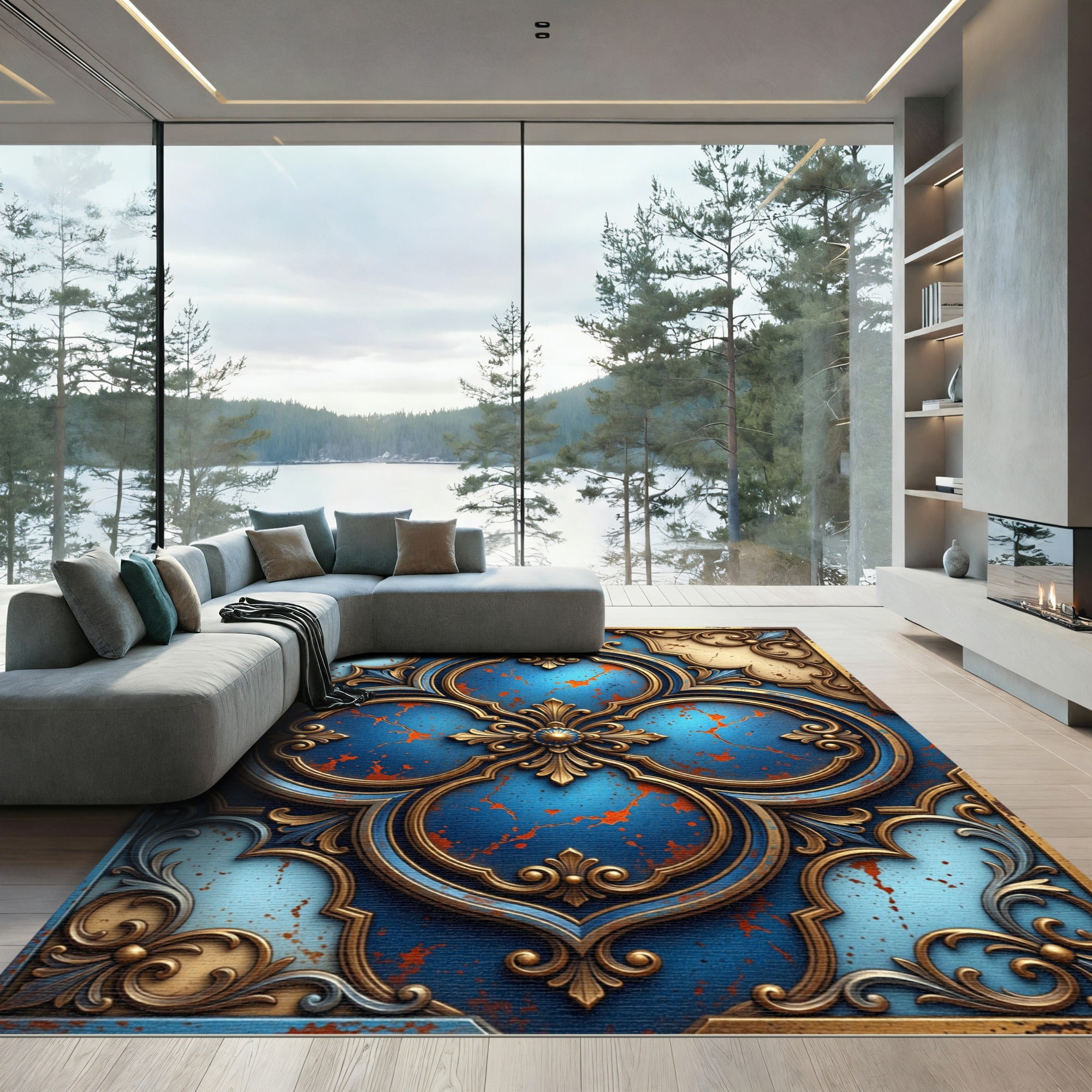 Ornate Cobalt Gold Scrollwork Rug