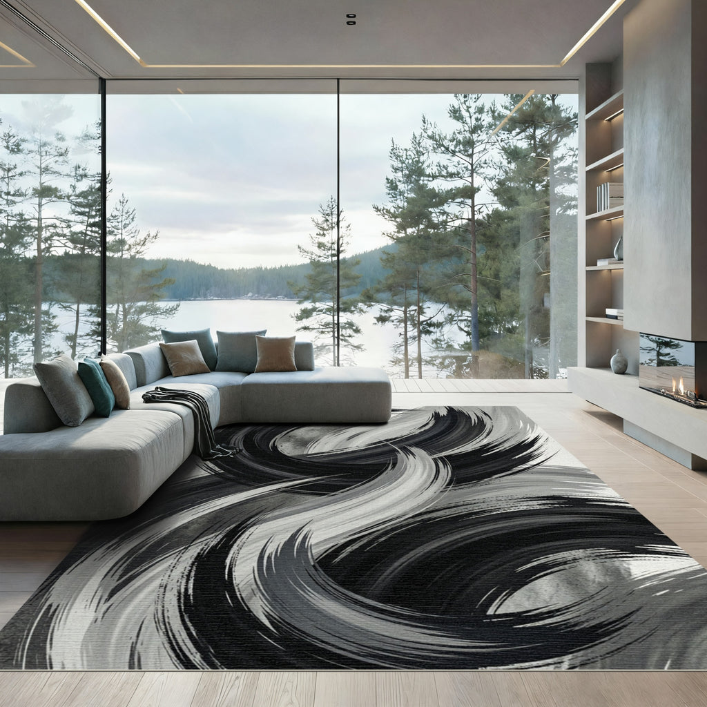 Monochrome Abstract Black and White Swirl Rug
