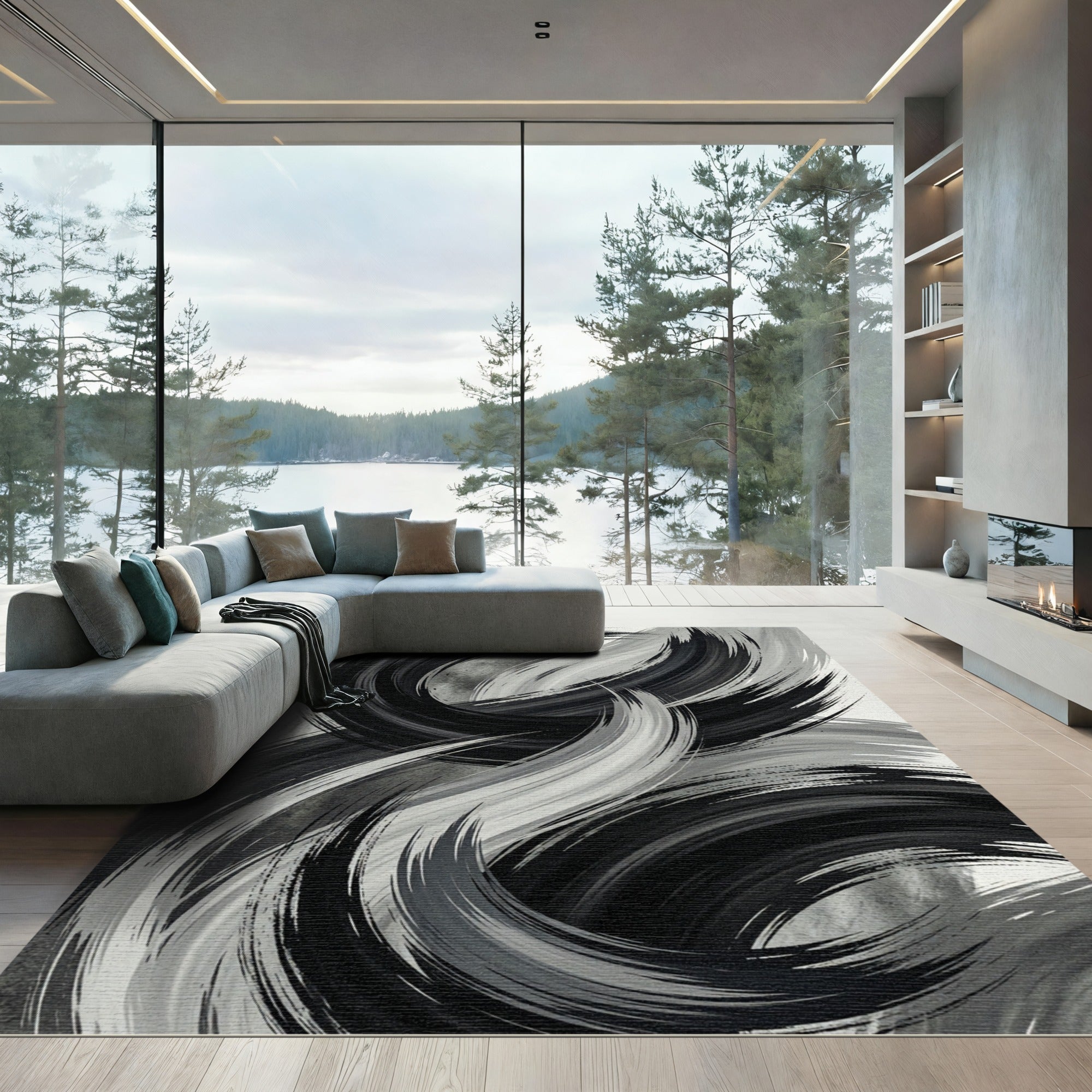 Monochrome Abstract Black and White Swirl Rug