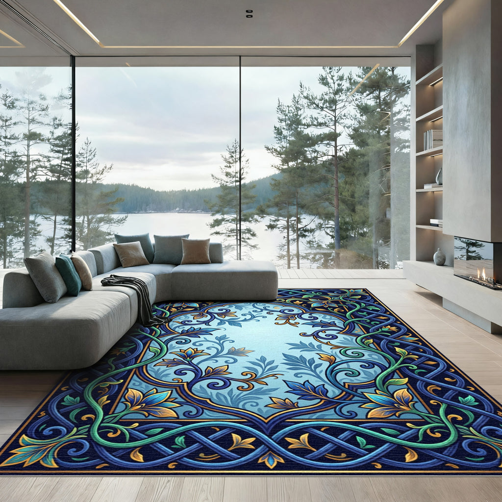 Ornate Sapphire Foliage Intertwining Bloom Rug