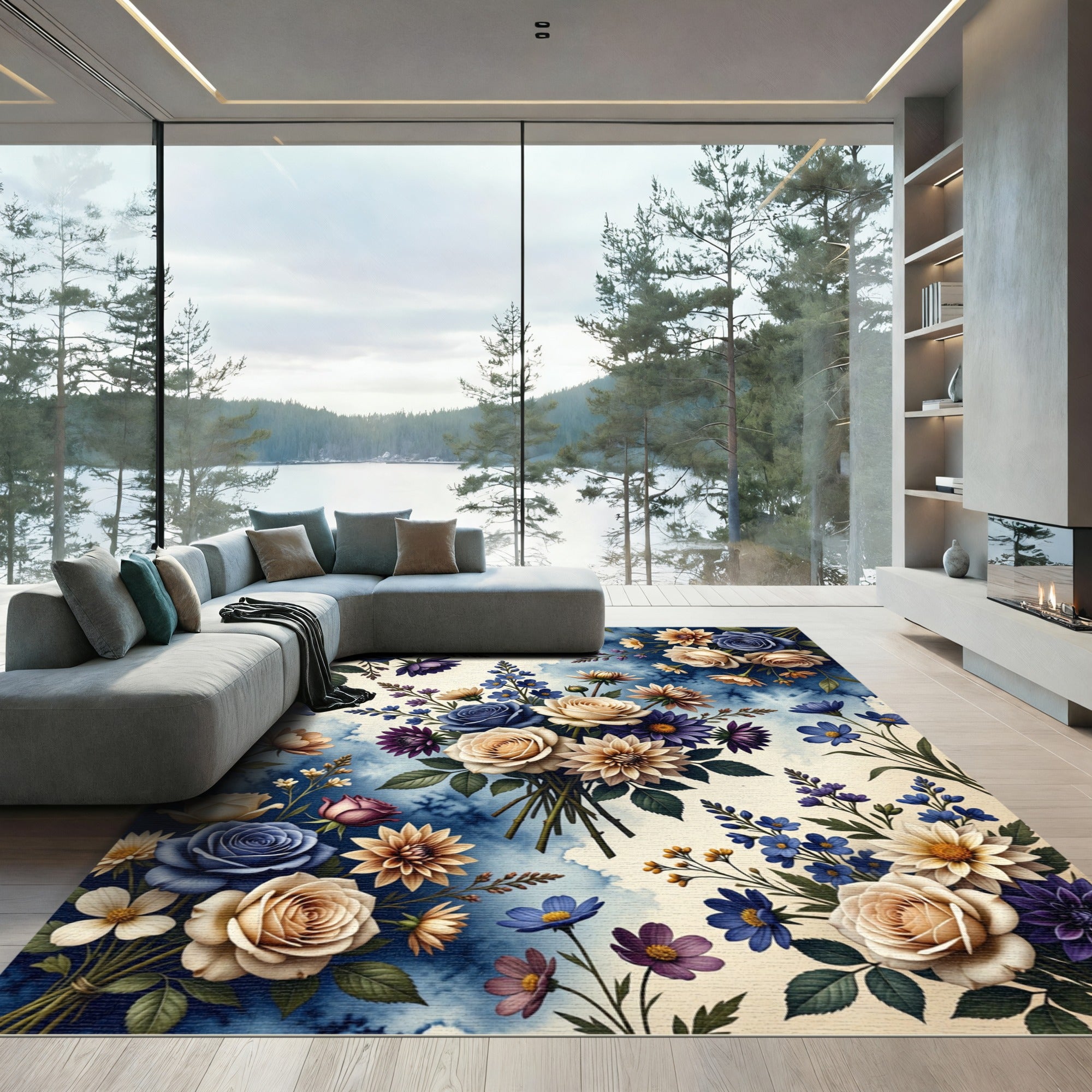 Romantic Blue Beige Floral Collage Rug
