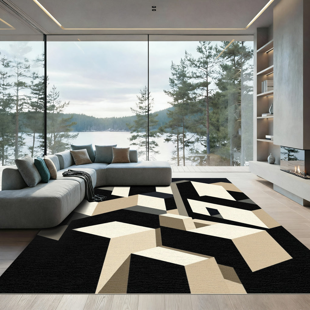 Minimalist Beige and Black Geometric Cubist Rug