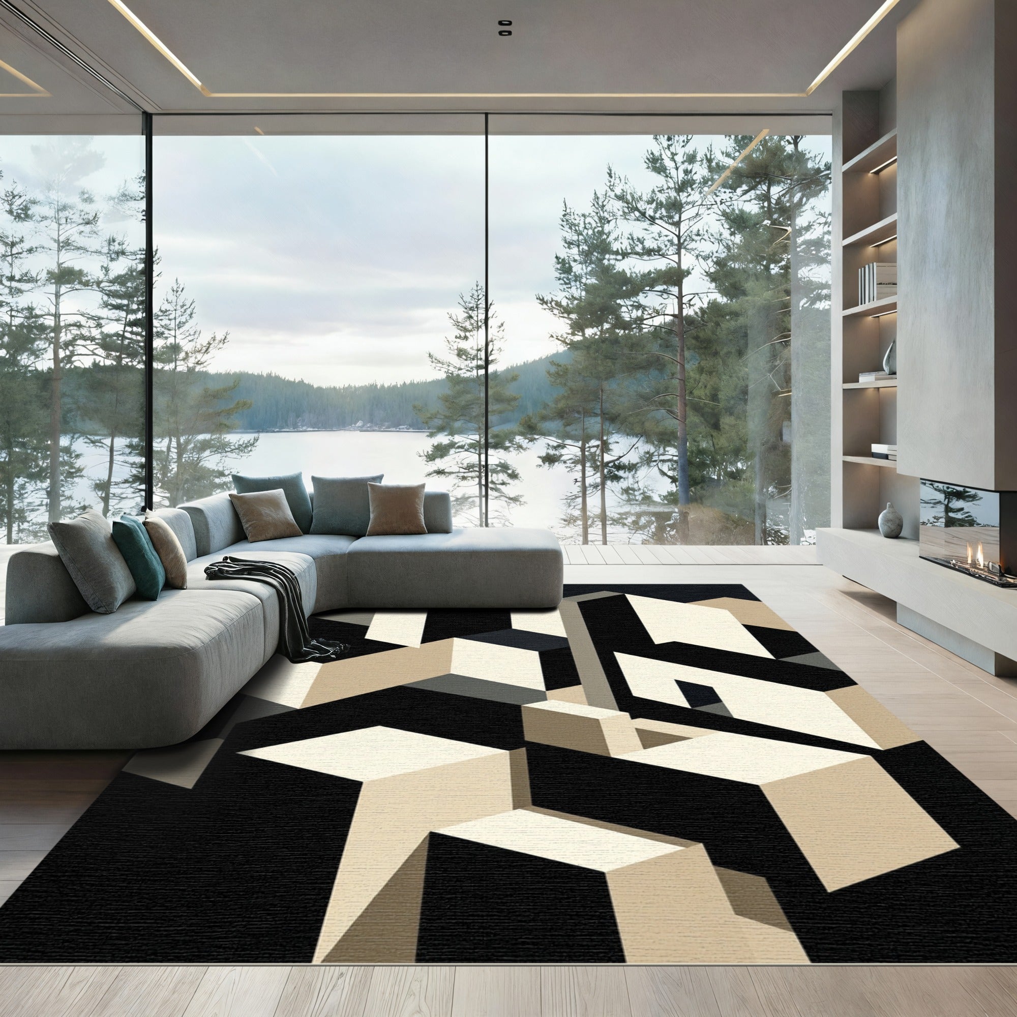 Minimalist Beige and Black Geometric Cubist Rug