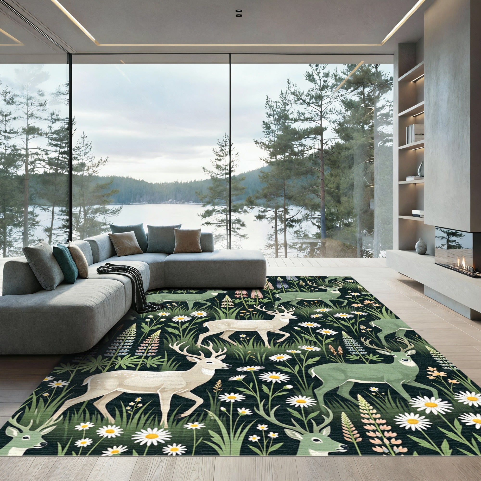 Whimsical Deer and Lupine Meadow Rug