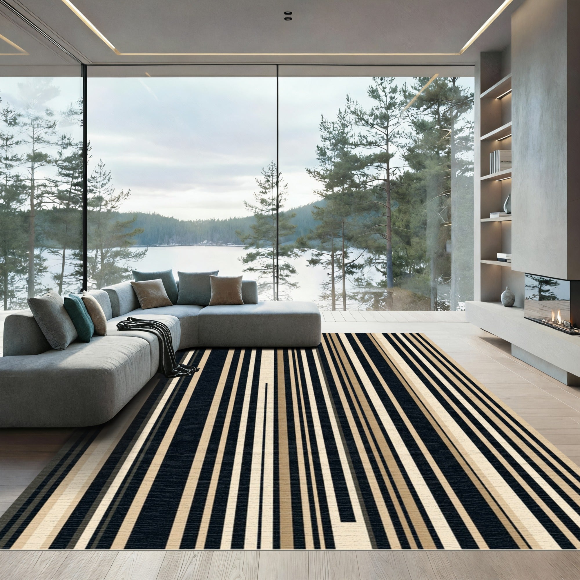 Classic Black Beige Vertical Stripe Rug