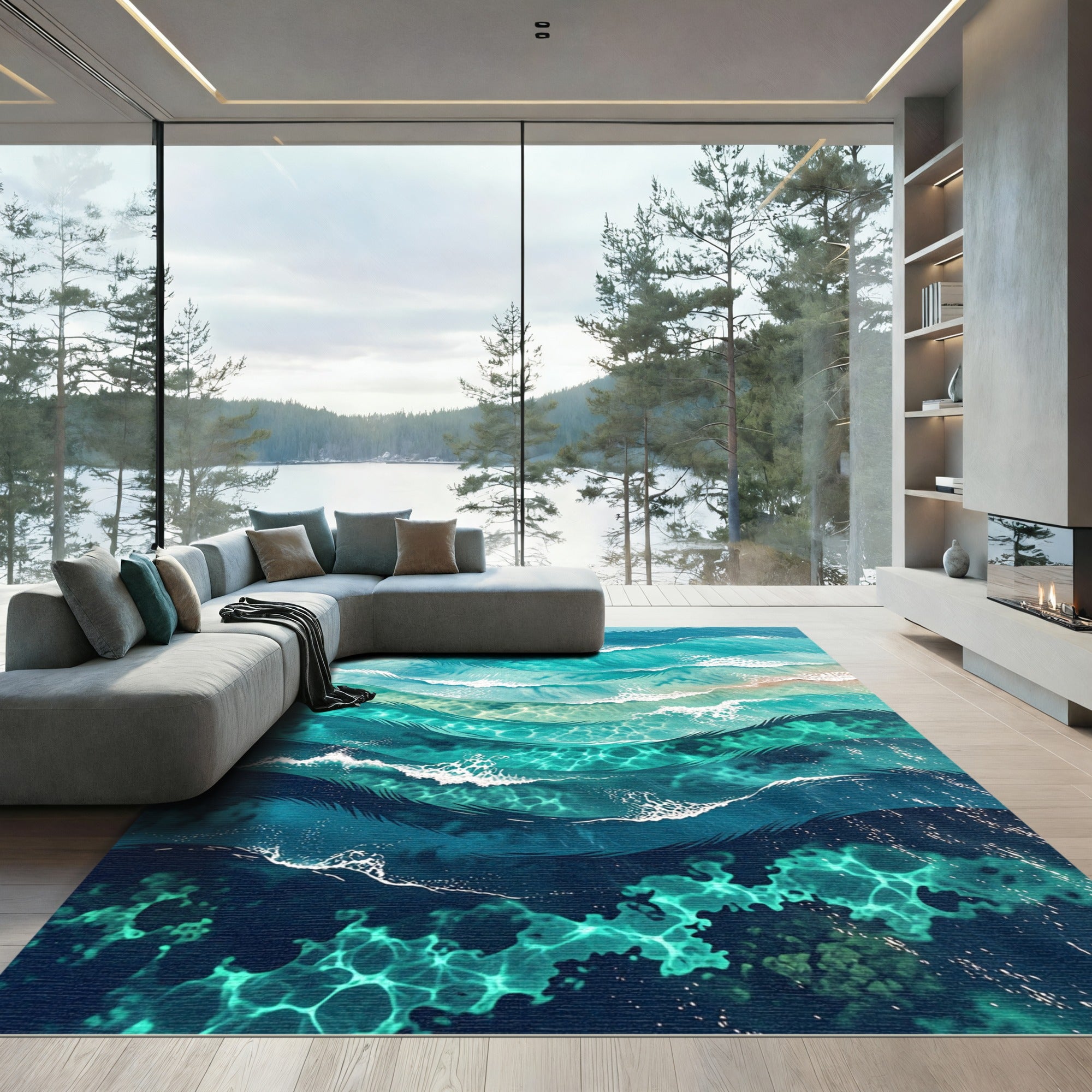Ocean Waves Abstract Turquoise Teal Rug