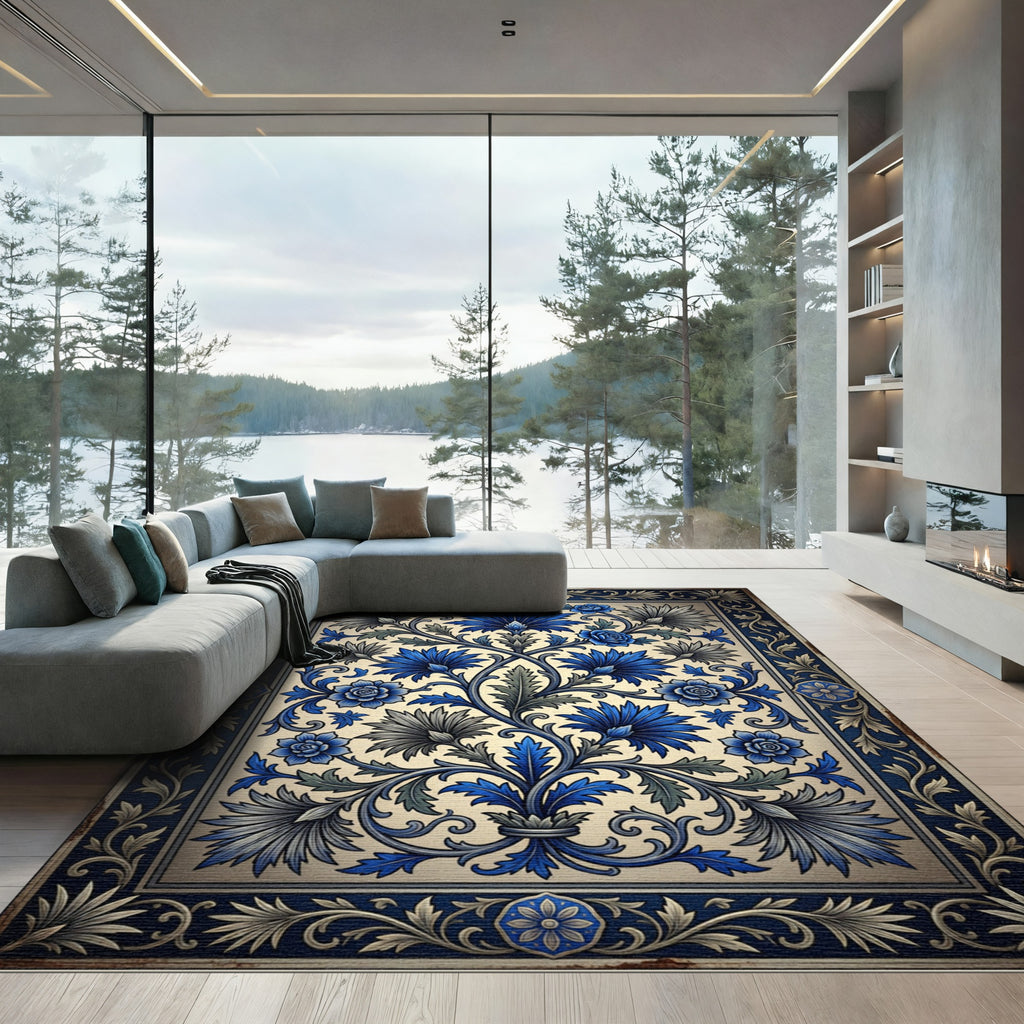 Ornate Blue Floral Vine Border Rug
