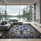 Ornate Blue Floral Vine Border Rug