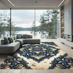 Ornate Blue Ivory Damask Medallion Rug