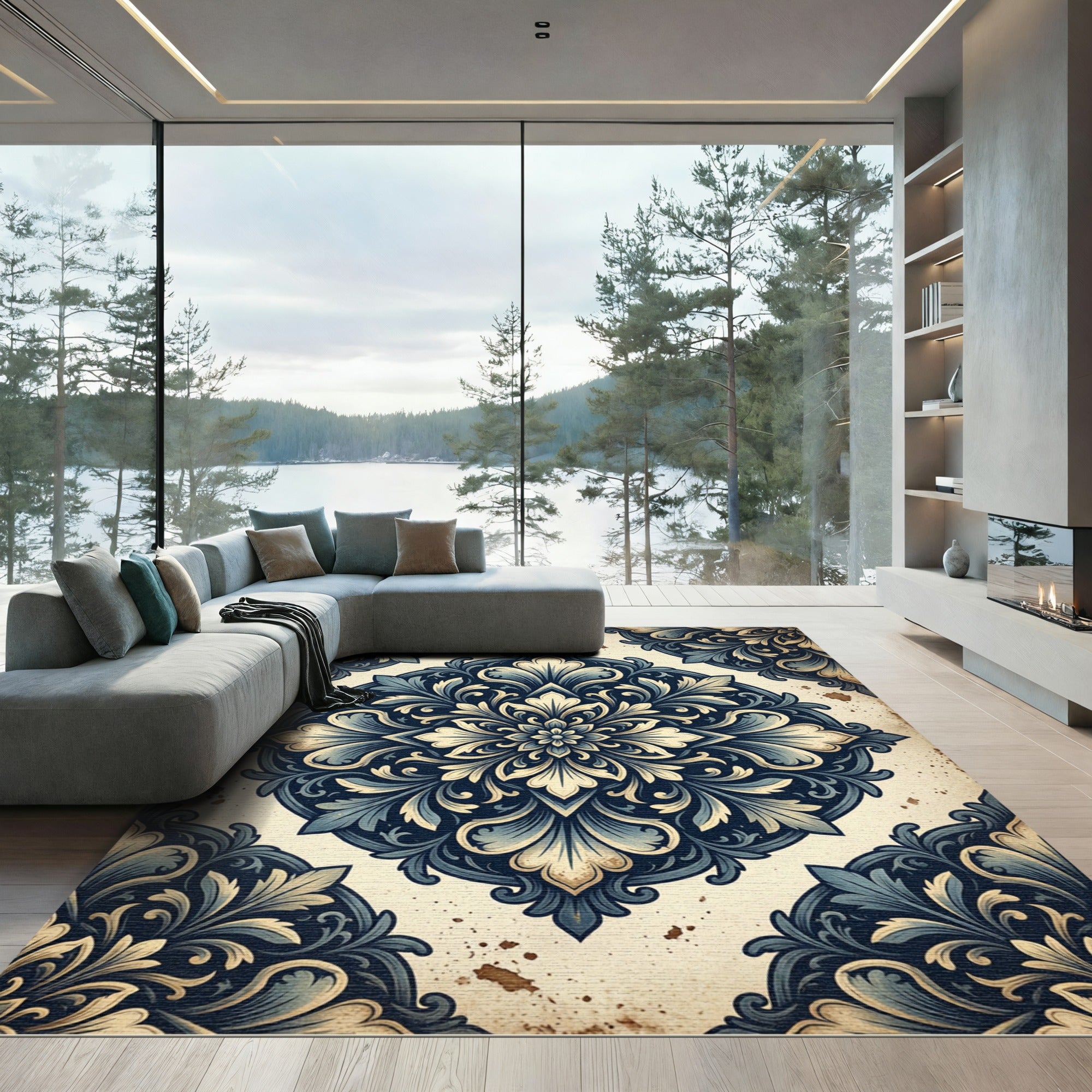 Ornate Blue Ivory Damask Medallion Rug
