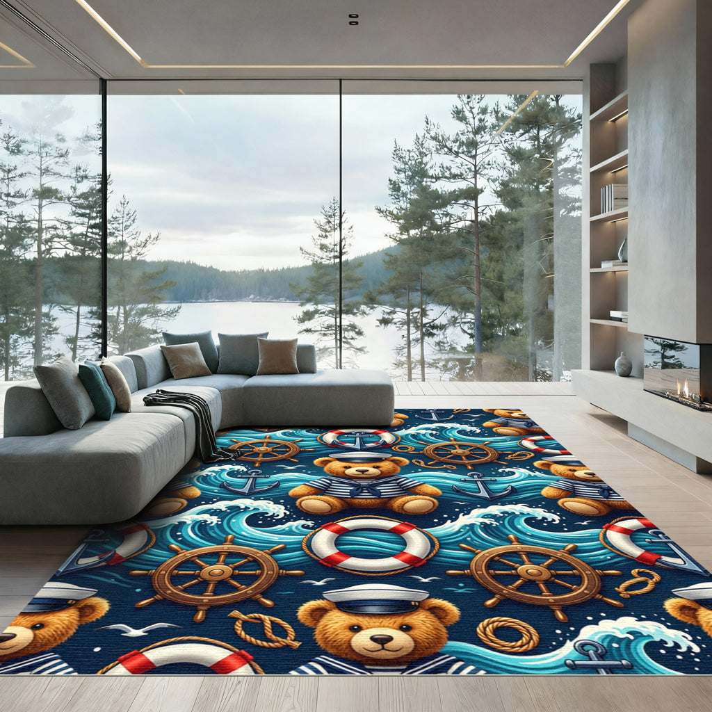 Nautical Teddy Bear Sailor Ocean Waves Rug