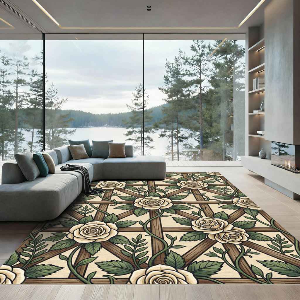 Cream Rose Trellis Botanical Garden Rug
