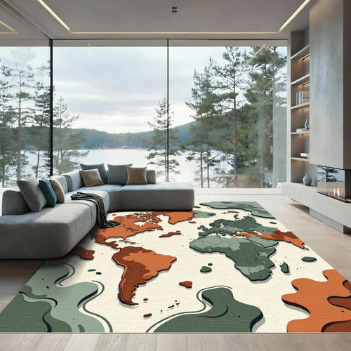 Abstract Earth Toned World Map Art Rug
