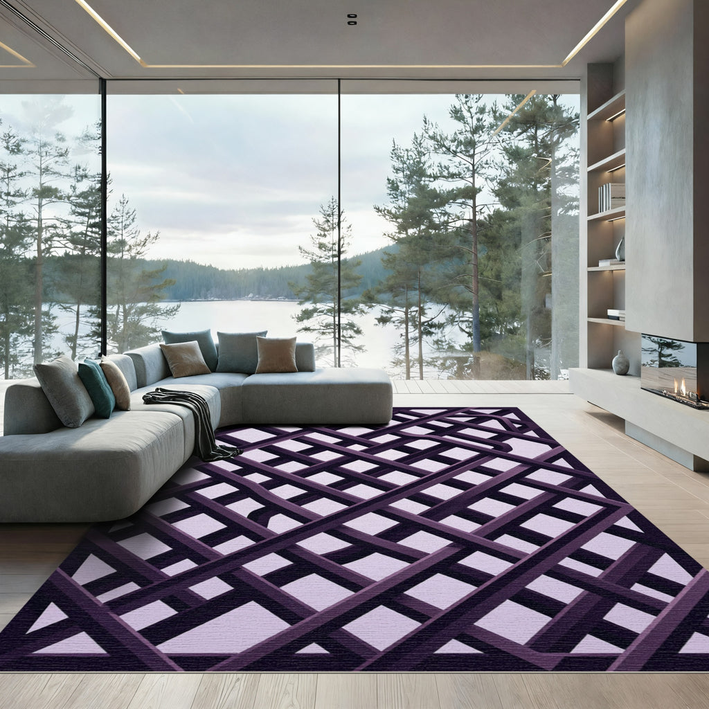 Modern Plum Lavender Interlocking Grid Rug